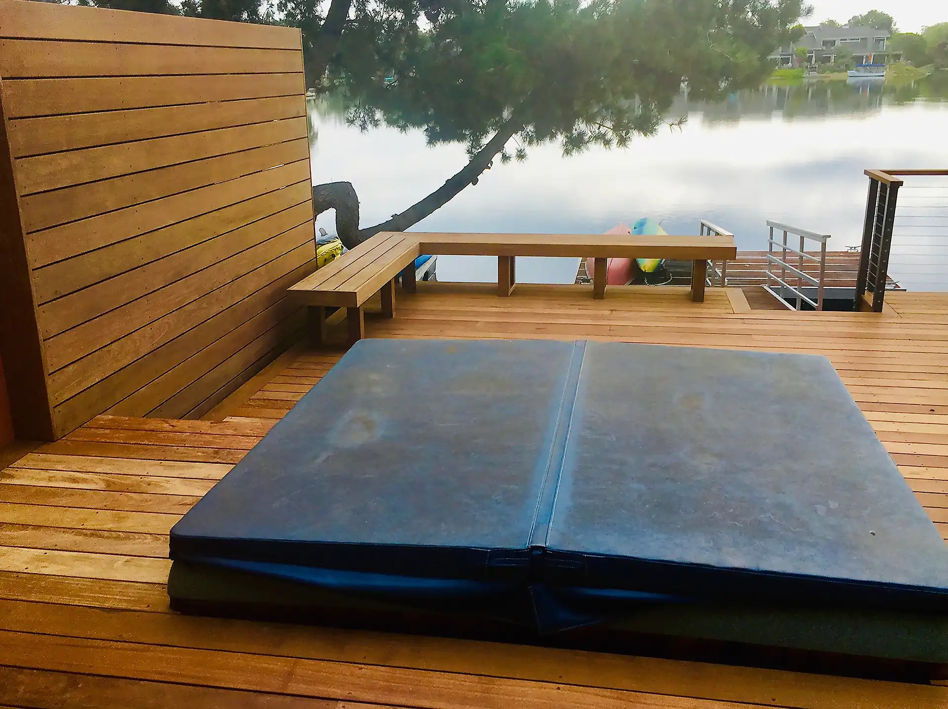 photo of a hardwood multi-level deck along the waterfront - Multi-level decks builder in San Francisco Bay Area